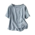 thumbnail image 1 of JGGSPWM Women Ruffle Crew Neck Linen Embroidered Summer Short Sleeve Cotton Tops Peasant Tunic Boho Blouses Blue 2XL, 1 of 4