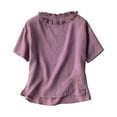 thumbnail image 1 of JGGSPWM Women Ruffle Crew Neck Linen Embroidered Summer Short Sleeve Cotton Tops Peasant Tunic Boho Blouses Purple M, 1 of 6