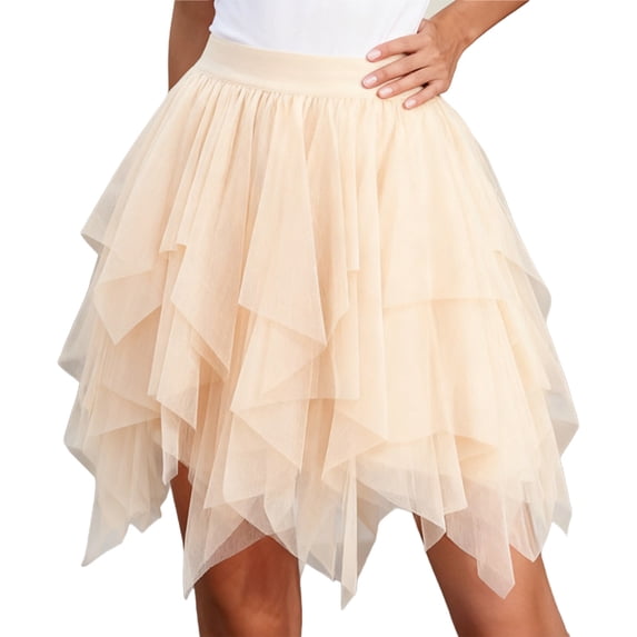 JGGSPWM Women Ruffle Tulle Skirts High-Waisted Layered Ruffle Asymmetrical Tutu Skirt Solid A-line Irregular Mesh Skirts Beige XXL