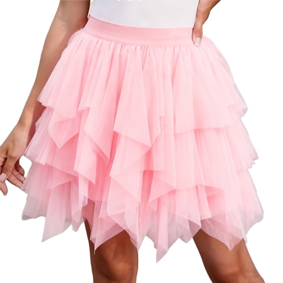 JGGSPWM Women Ruffle Tulle Skirts High-Waisted Layered Ruffle Asymmetrical Tutu Skirt Solid A-line Irregular Mesh Skirts Pink XL