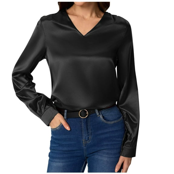 JGGSPWM Women Satin Silk V Neck Long Sleeve Casual Work Office Loose Shirts Blouse Tops Black XL
