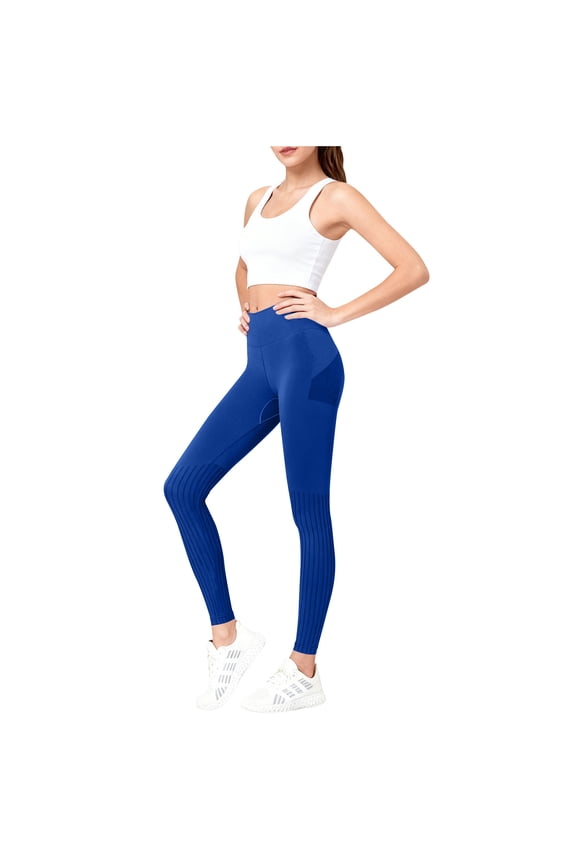 Women Seamless Wide Waistband Stripe Sports Leggings Push Up Gym Fitness Tight Workout Yoga Leggins External Pants Blue S