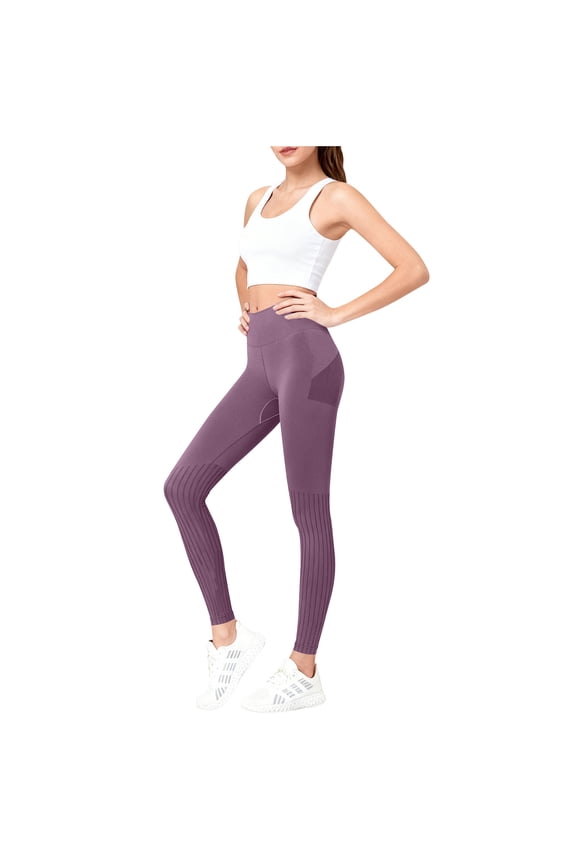 Women Seamless Wide Waistband Stripe Sports Leggings Push Up Gym Fitness Tight Workout Yoga Leggins External Pants Purple S