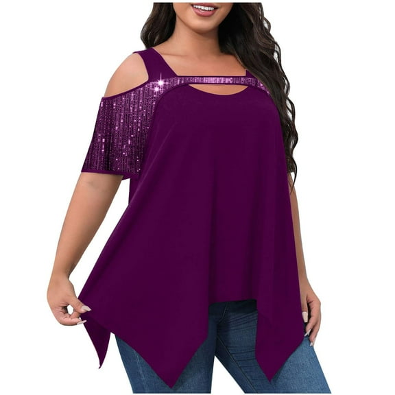 JGGSPWM Women Sequins Cold Shoulder Tops Irregular Hem Plus Size Blouse Cut Out Scoop Neck Short Sleeve Shirts Breathable Tunic Trendy Tees Flowy Tshirts Purple XXXL