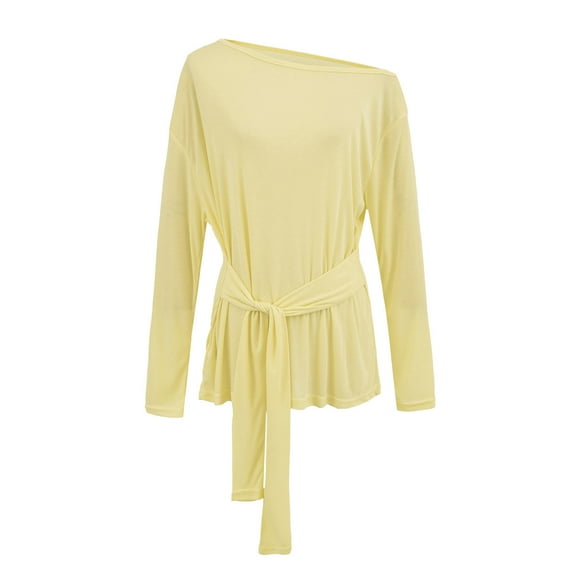 JGGSPWM Women Shirts Long Sleeve Tie Front Crop Tops, Solid Color Soft Breathable Round Neck Shirt for Sport Workout Athletic Outfits Yellow M