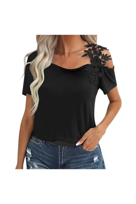 Women Short Sleeve Cold Shoulder Cut Out Lace Patchwork Workout Tee Tops Casual Blouses Black XL