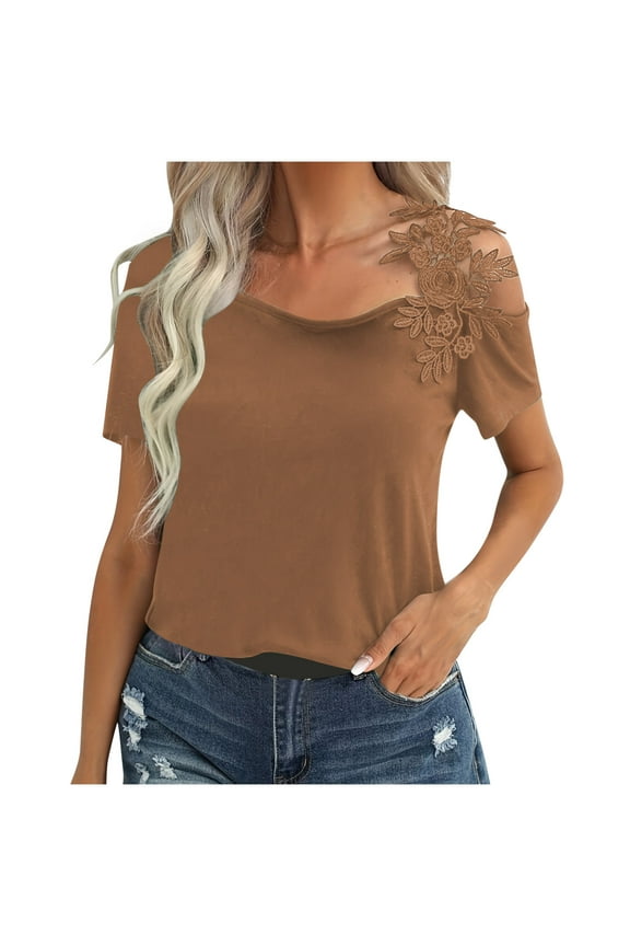 Women Short Sleeve Cold Shoulder Cut Out Lace Patchwork Workout Tee Tops Casual Blouses Khaki M