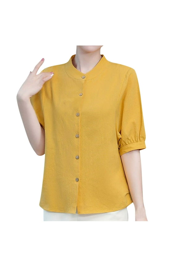 Women Short Sleeve Cotton Linen Chinese Mandarin Collar Button Down Vintage Dressy Casual Work Tops Blouse Yellow M