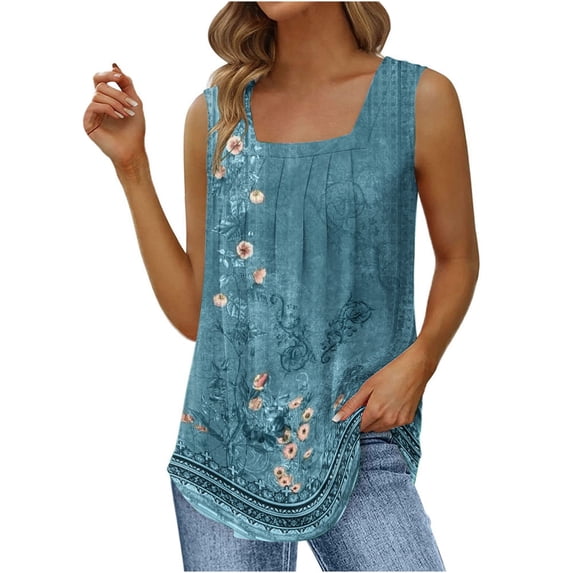 JGGSPWM Women Sleeveless Tank Tops Casual Summer Tshirts Flattering Tunic Vintage Floral Shirts Cute Tees Square Neck Camisole Green M