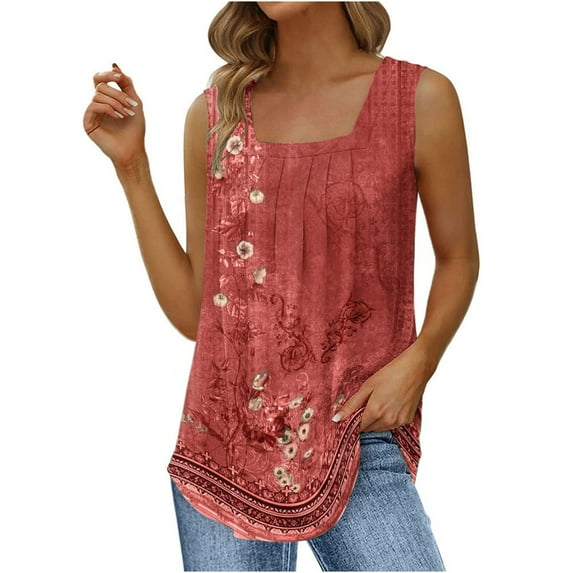 JGGSPWM Women Sleeveless Tank Tops Casual Summer Tshirts Flattering Tunic Vintage Floral Shirts Cute Tees Square Neck Camisole Red S