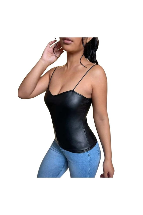 Women Sleeveless Tank Tops Sweetheart Neck Camisole Faux Leather Shirts Bodycon Sexy Tunic Slim Fit Tees Spaghetti Strap Tshirts Black XL