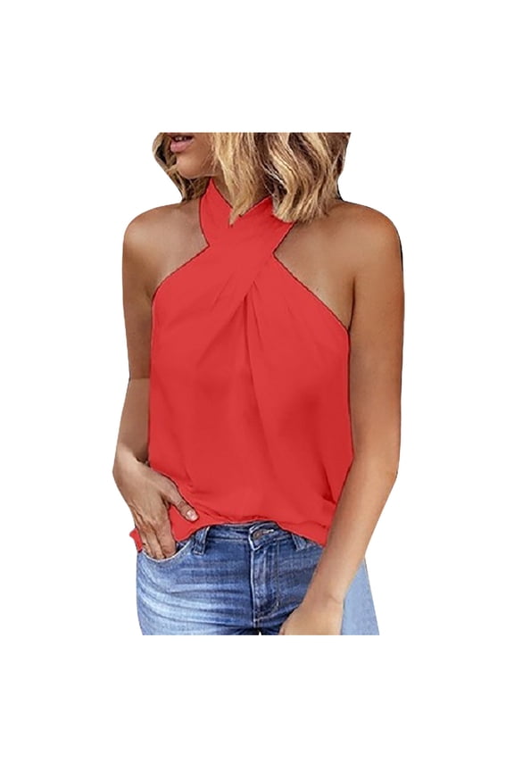 Women Sleeveless Tops Basic Summer Casual Vest Halter Neck Tank Tops Zipper Back Tshirts Solid Shirts Racer Back Tees Red L