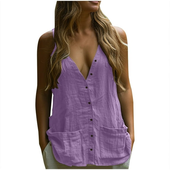 JGGSPWM Women Sleeveless V-Neck Summer Casual Boho Loose Fit Vintage Beach Vacation Hawaii Tank Tops Shirts Purple XL