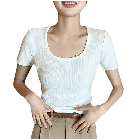 JGGSPWM Women Slim Fit Scoop Neck Short Sleeve Texture Casual Basic Fitted T-Shirt Blouse Top White L