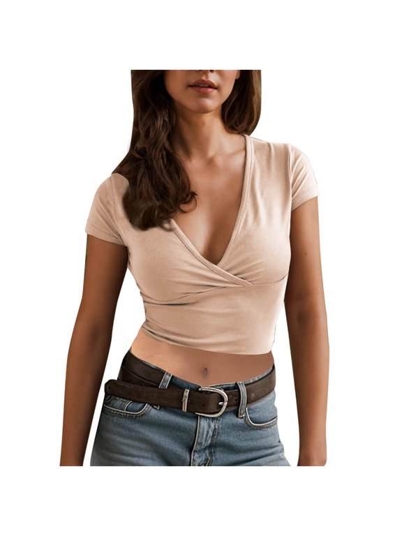 Women Slim Fit Short Sleeve Deep V Neck Cross Wrap Cute Summer Crop Top Going Out Tee Shirts Beige S