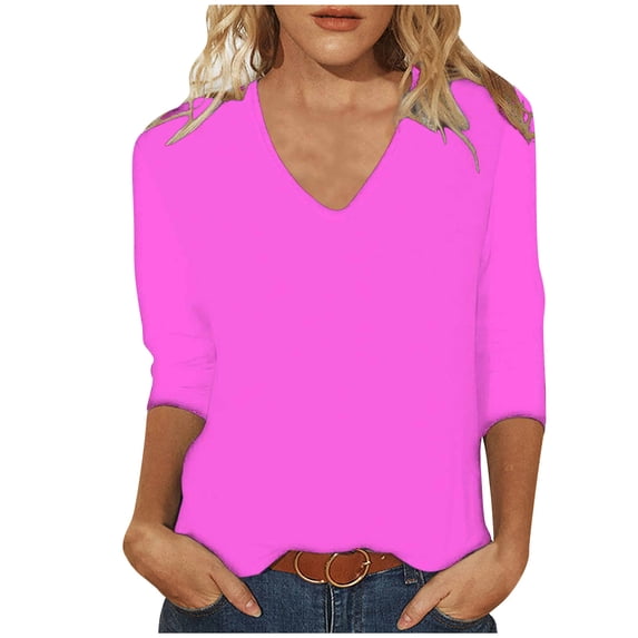 JGGSPWM Women Solid Blouse 3/4 Sleeve Shirts V Neck Tees Soft Breathable Tunic Dressy Casual Tops Trendy Basic Tshirts Purple XXL