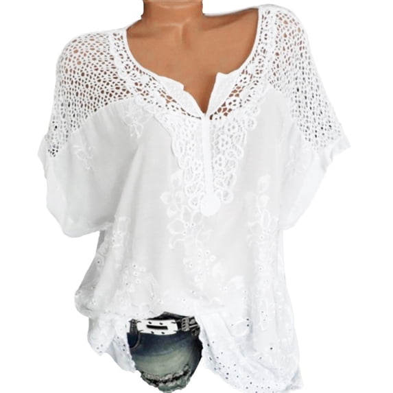 JGGSPWM Women Solid Blouse Lace Short Sleeve Shirts Plus Size Summer Casual Elegant Tshirts V Neck Tees Crochet Tunic Comfy Loose Fit Tops White XXXXL