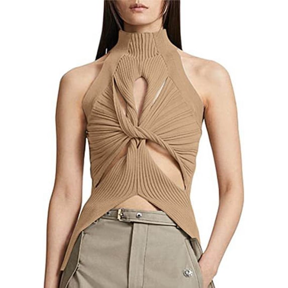 JGGSPWM Women Solid Camisole Sleeveless Shirts High Neck Tees Hollow Vest Cut Out Design Tank Tops Knot Irregular Tshirts Coffee M