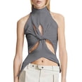 thumbnail image 1 of JGGSPWM Women Solid Camisole Sleeveless Shirts High Neck Tees Hollow Vest Cut Out Design Tank Tops Knot Irregular Tshirts Gray M, 1 of 5