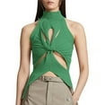 thumbnail image 1 of JGGSPWM Women Solid Camisole Sleeveless Shirts High Neck Tees Hollow Vest Cut Out Design Tank Tops Knot Irregular Tshirts Green M, 1 of 5