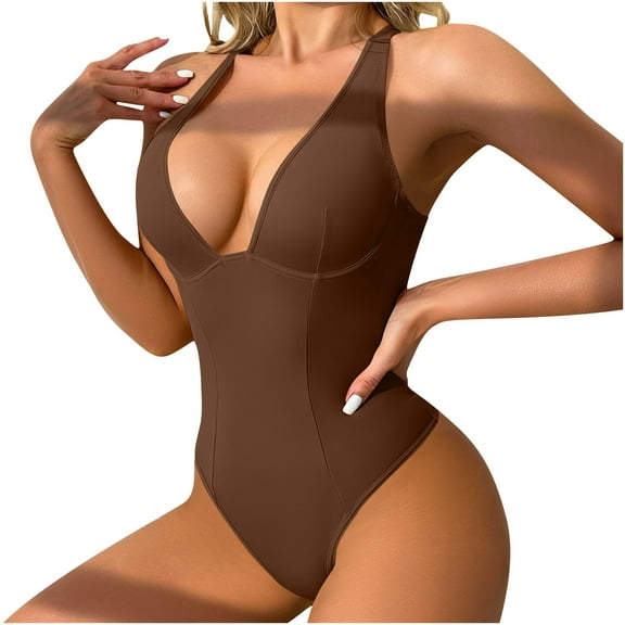 JGGSPWM Women Solid Color Adjustable Base Shapewear Slimming Tummy Control One Piece Swimsuit Sexy Bathing Suit Brown XS