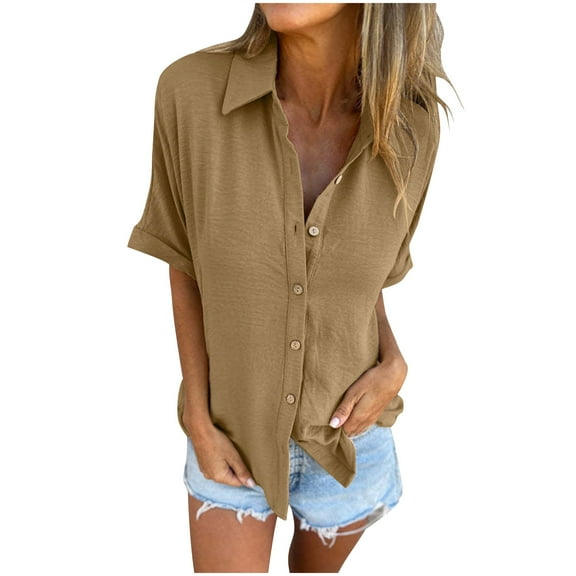 JGGSPWM Women Solid Color Lapel Button Cardigan Short Sleeved Coverup Shirt Dress Bathing Suit Cover Up Beachwear Brown XL