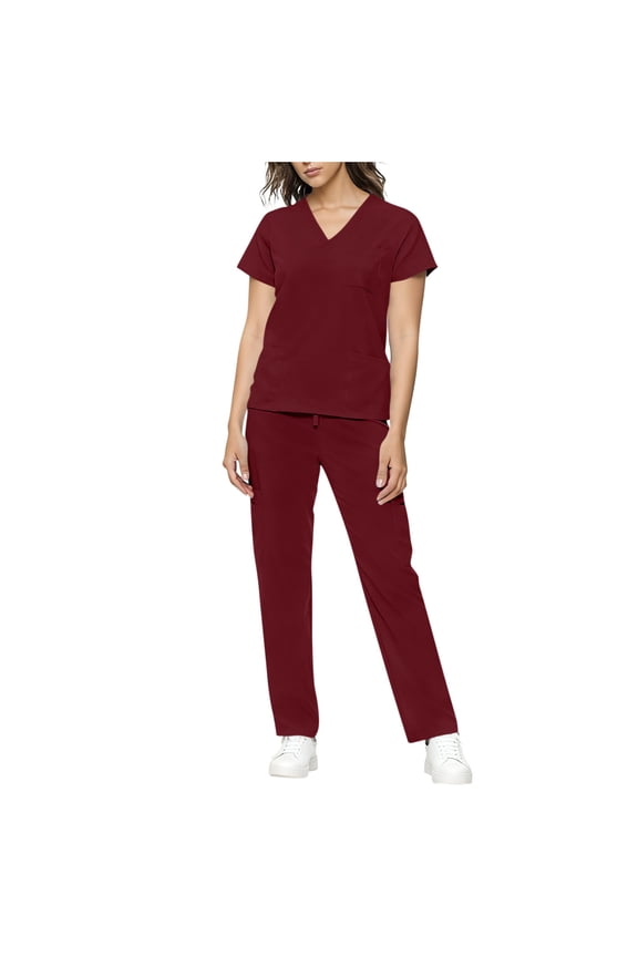 Women Solid Color Loose Drawstring Pants Pocket Caregiver Short Sleeve V-Neck Blouses Nursing Uniform Set Red S