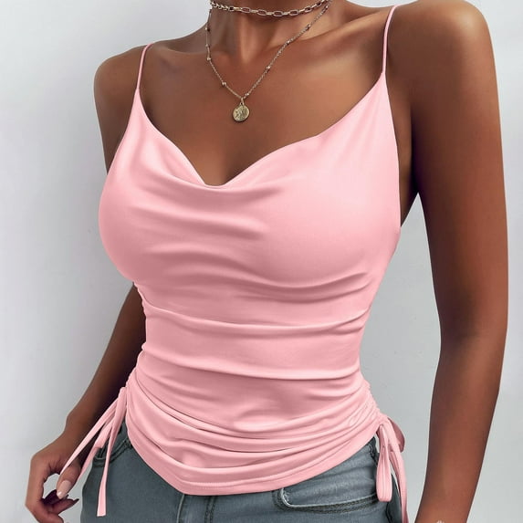 JGGSPWM Women Solid Essential Spaghetti Strap V Neck Camisole Sleeveless Slim Sexy Crop Top Side Drawstring Casual Tank Tops Pink L