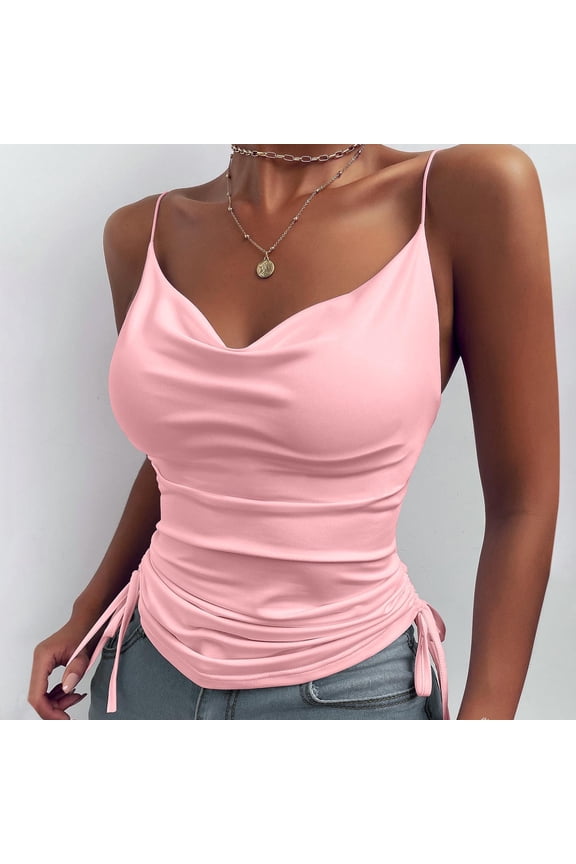 Women Solid Essential Spaghetti Strap V Neck Camisole Sleeveless Slim Sexy Crop Top Side Drawstring Casual Tank Tops Pink XXL