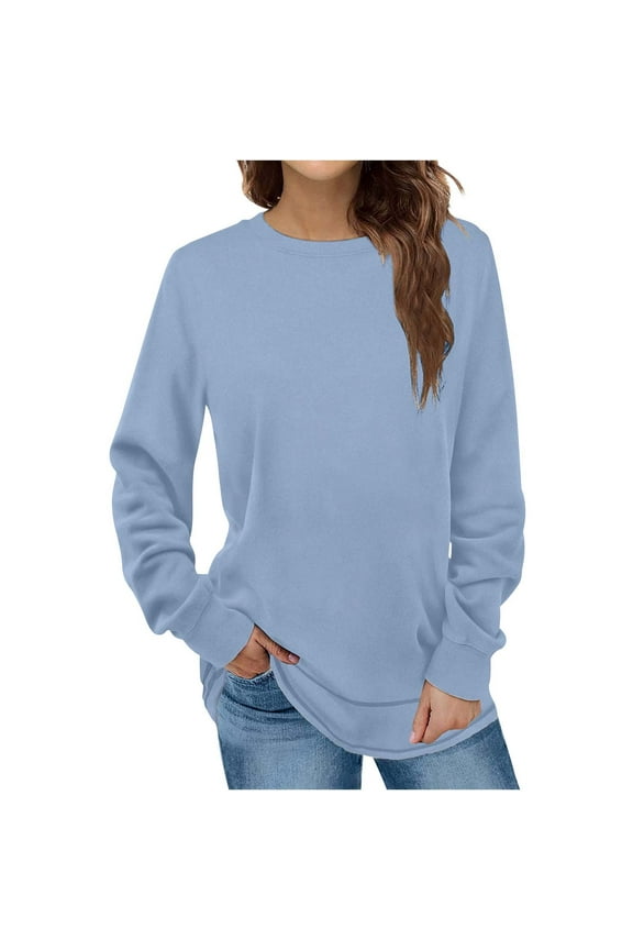 Women Solid Long Sleeve Thin Fleece Lined T-shirts Round Neck Casual Loose Round Hem Tops Blouse Blue S