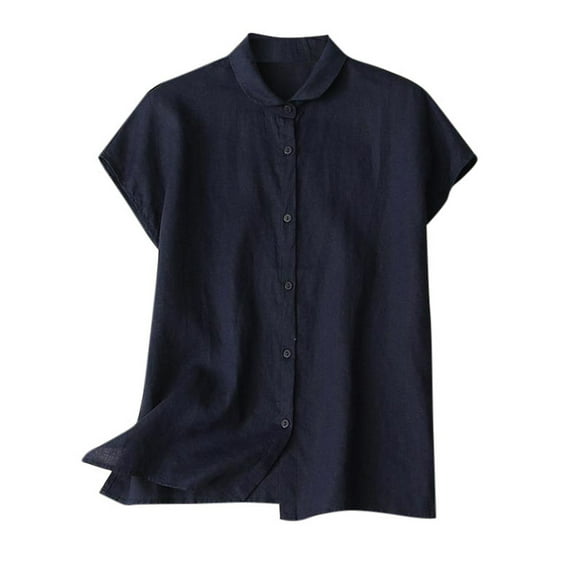 JGGSPWM Women Split Side Collared Button Down Loose Fit Summer Short Sleeve Cotton Linen Tunic Tops Blouse Navy 3XL