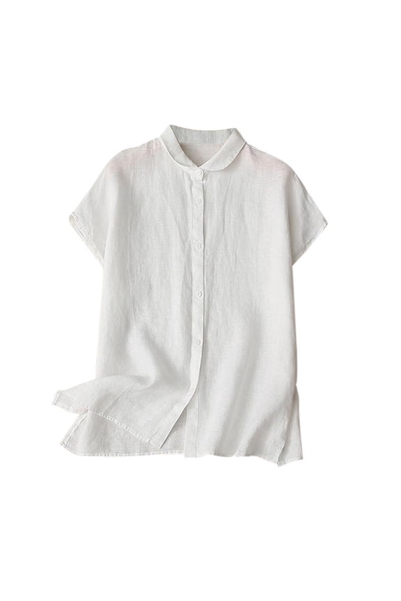 Women Split Side Collared Button Down Loose Fit Summer Short Sleeve Cotton Linen Tunic Tops Blouse White M