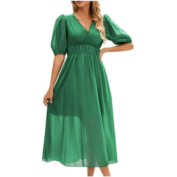 JGGSPWM Women Summer Casual Dress Boho V Neck Puff Short Sleeves Smocked Waist Chiffon Knee Length Swing Dresses Green S