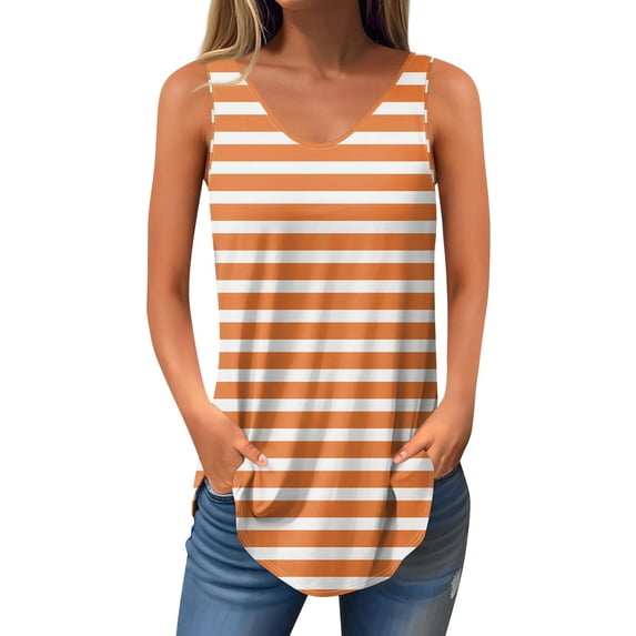JGGSPWM Women Summer Casual Striped Sleeveless V Neck Loose Fit Color Block Tank Tops Orange 2XL