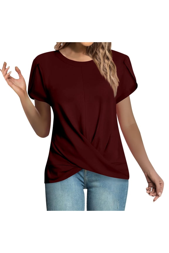 Women Summer Short Sleeve Loose Crew Neck Crossover Hem Casual Tunic Tops Blouses Wine S