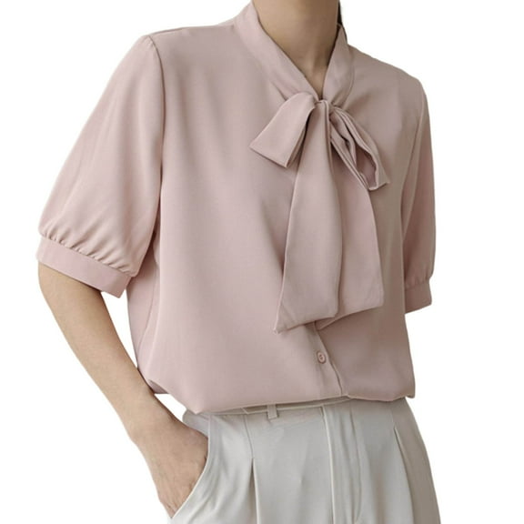 JGGSPWM Women Summer Short Sleeve Stripe Button Down Office Blouse Tops with Bow Tie Pink L