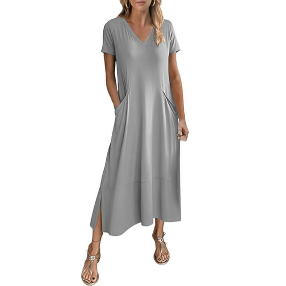 JGGSPWM Women Summer T Shirt Dress Casual Short Sleeve V Neck Maxi Dresses Loose Side Slit Long Tshirt Dress with Pockets Gray M