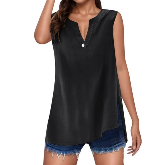 JGGSPWM Women Summer Trendy Sleeveless Cotton Linen Dressy Casual Button V Neck Tunic Tops Blouses Tank Shirts Black S