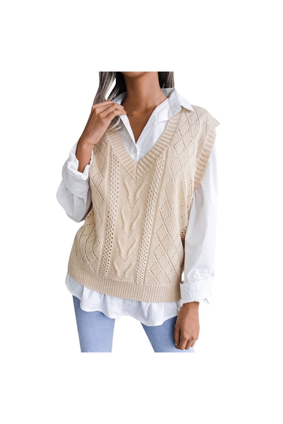 Women Sweater Vest V-Neck Knit Sleeveless Sweaters Comfy Stretch Versatile Stylish Hollow Crochet Solid Sweater Vest Beige L
