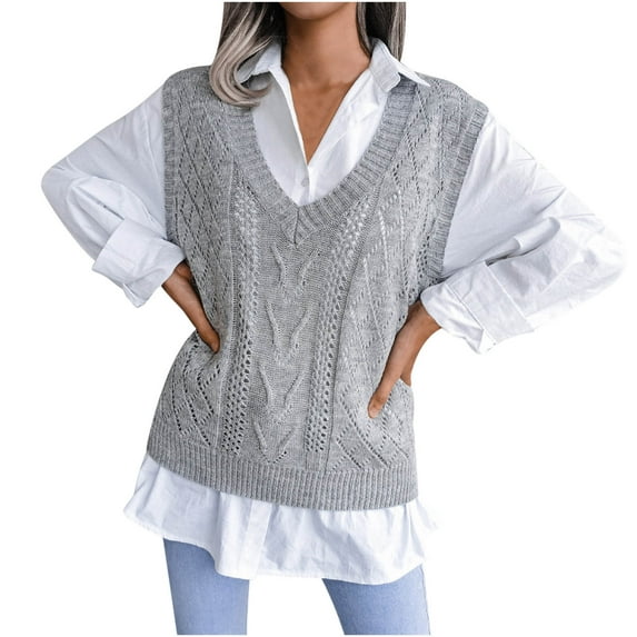 JGGSPWM Women Sweater Vest V-Neck Knit Sleeveless Sweaters Comfy Stretch Versatile Stylish Hollow Crochet Solid Sweater Vest Gray M