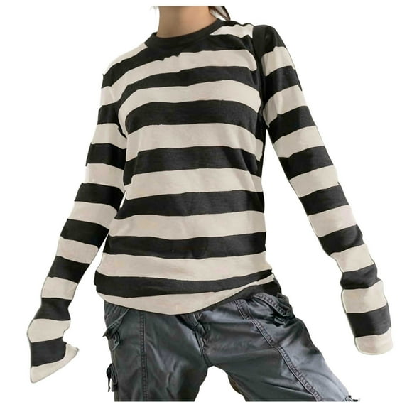 JGGSPWM Women Teen Girls Striped Blouses Y2k Long Sleeve Baggy Round Neck Shirt Graphic Tee Fall Vintage Streetwear T-Shirt Beige S