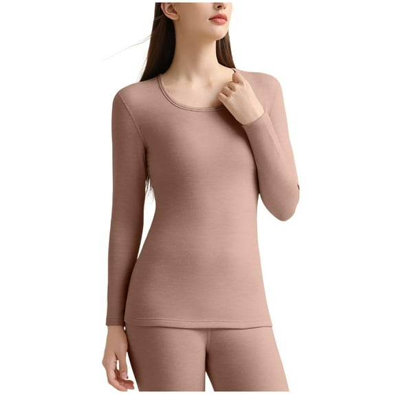 JGGSPWM Women Thickened High Elastic Warm Round Neck Base Top Long Sleeve Shirt Undershirt Ultra Soft Base Layer Tops for Women Brown XXL