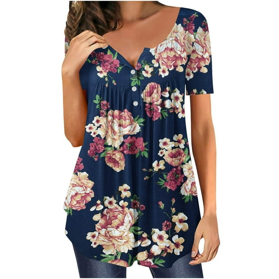 JGGSPWM Women Tops Plus Size Hide Belly Tunic Short Sleeve T Shirts 2023 Summer Button Up Henley Shirts Cute Tshirt Dressy Casual Blouses Pleated Swing Tunics Red#2 S