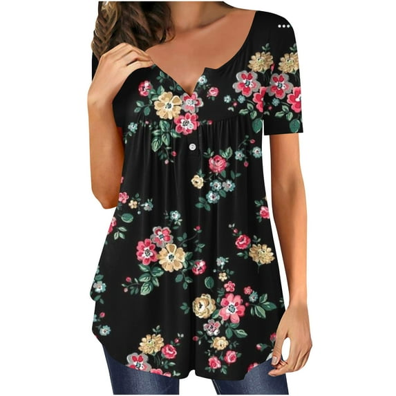 JGGSPWM Women Tops Plus Size Hide Belly Tunic Short Sleeve T Shirts 2023 Summer Button Up Henley Shirts Cute Tshirt Dressy Casual Blouses Pleated Swing Tunics Pink#7 M