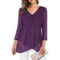 thumbnail image 1 of JGGSPWM Women Trendy Plus Size Solid Blouse 3 4 Sleeves V Neck Mesh Layer Cross Hem Design Relaxed Comfortable Tops Purple S, 1 of 6