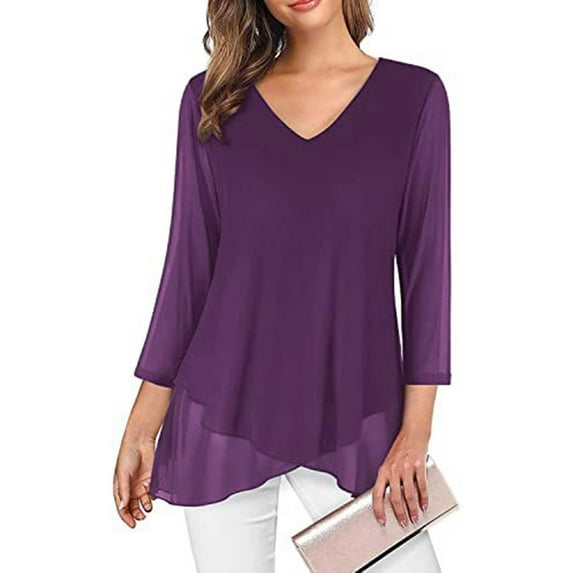 JGGSPWM Women Trendy Plus Size Solid Blouse 3 4 Sleeves V Neck Mesh Layer Cross Hem Design Relaxed Comfortable Tops Purple S