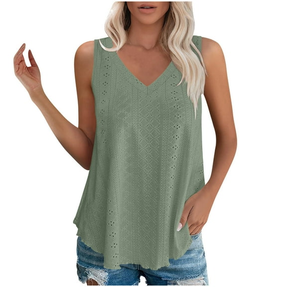 JGGSPWM Women V Neck Eyelet Texture Sleeveless Flowy Loose Fit Basic Casual Summer Tank Tops Mint Green L