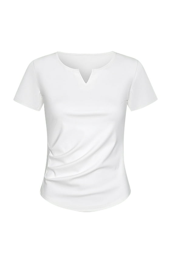 Women V Neck Short Sleeve Boho Ruched Loose Fit Flowy Summer Tops Trendy Casual Tee Blouses White L