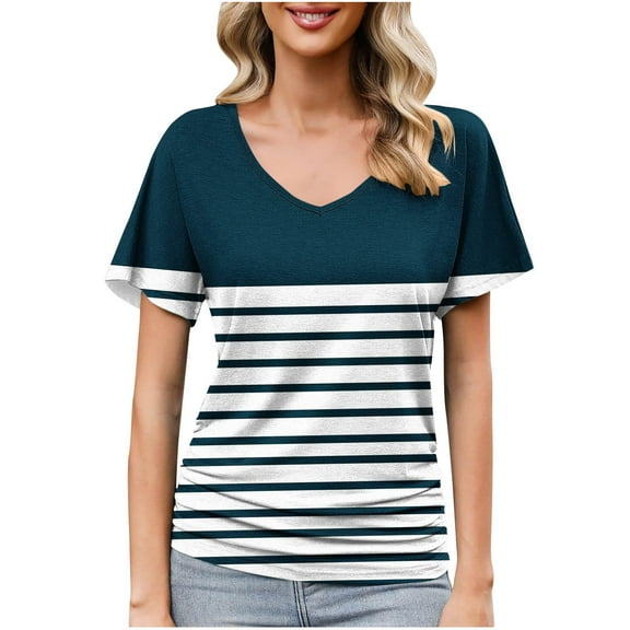 JGGSPWM Women V Neck Short Sleeve Loose Striped Summer Tops Dressy Color Block Tunic Blouse Navy 2XL