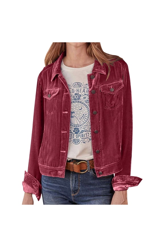 Women Velvet Blazer Shirts Turn down Collar Button down Suit Jacket Coat with Pocket Wine M